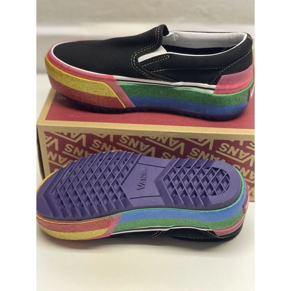 Vans Sneakers Classic Slip On Platform Black Glitter Rainbow Women 5.5 Pride New